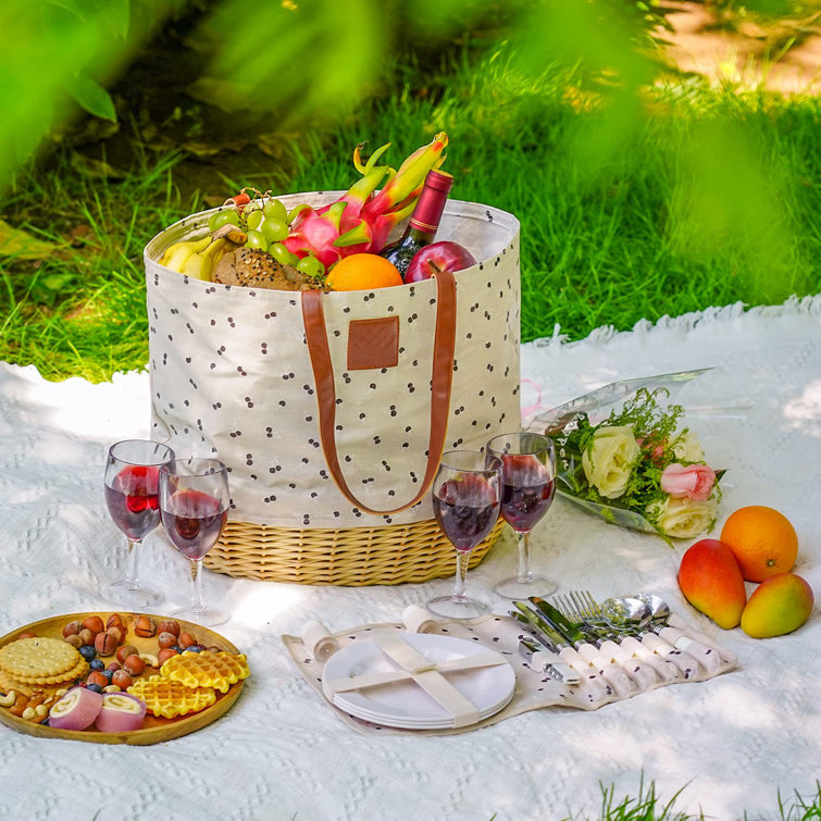 August Grove Willow Picnic Baskets Set For 4, Sturdy Woven Base & Linen